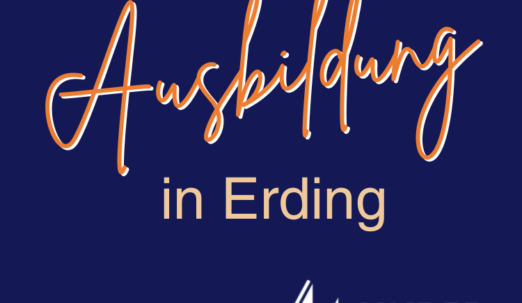 Ausbildung in Erding bei Huber Technik. Blauer Hintergrund und farbige Schrift. Orange, beige töne und Huber Technik Logo